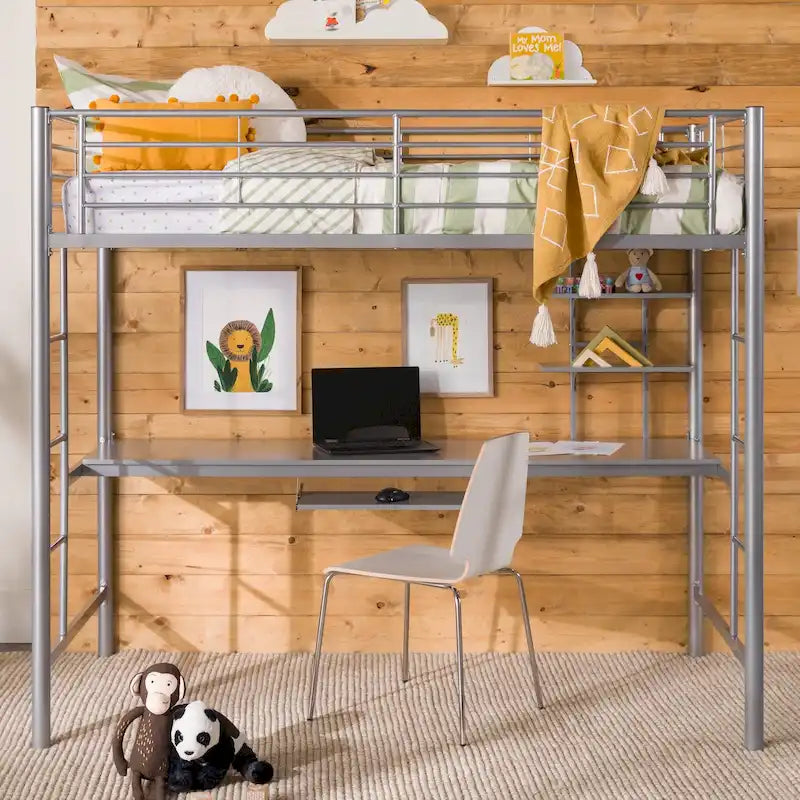Lit mezzanine double en métal argenté avec bureau, 1 place