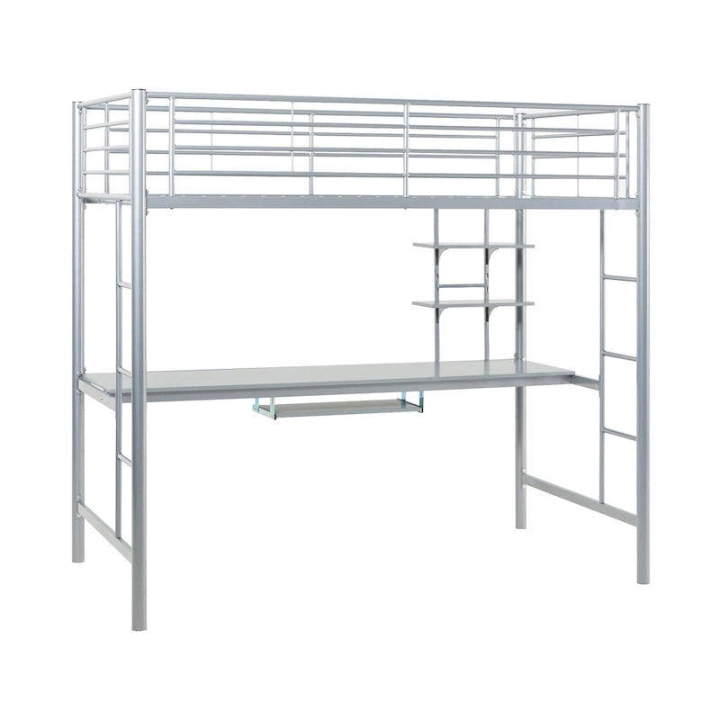 Lit mezzanine double en métal argenté avec bureau, 1 place