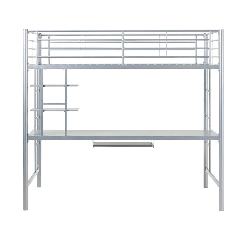 Lit mezzanine double en métal argenté avec bureau, 1 place