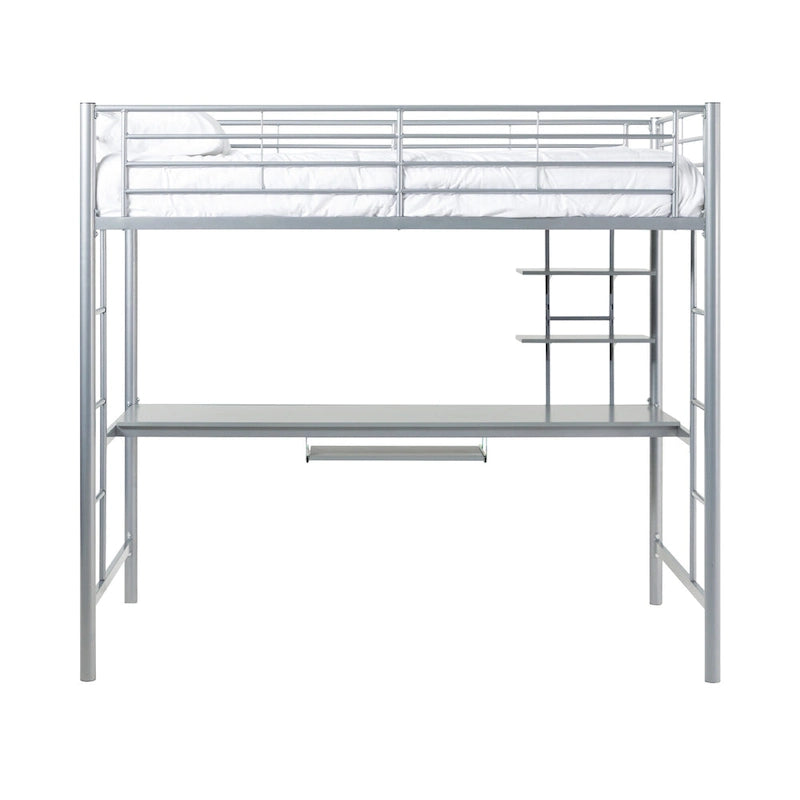 Lit mezzanine double en métal argenté avec bureau, 1 place