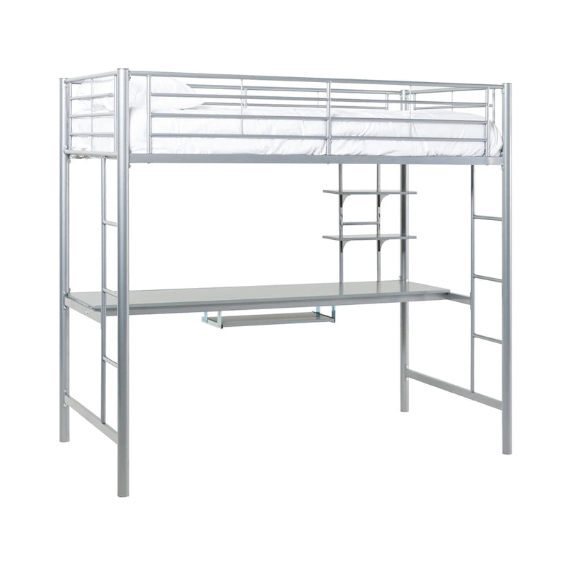 Lit mezzanine double en métal argenté avec bureau, 1 place