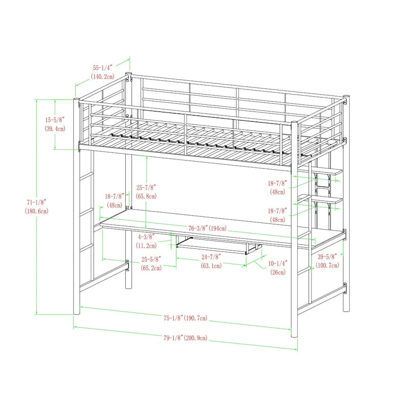 Lit mezzanine double en métal argenté avec bureau, 1 place