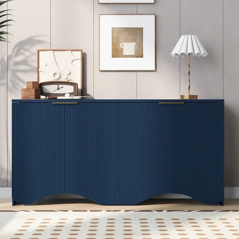 Buffet 4 portes – Rayures verticales et panneaux ondulés, bleu marine / blanc / noir, 1 place