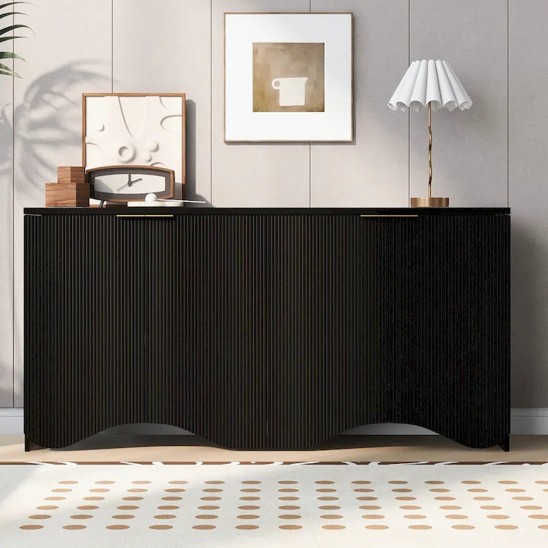 Buffet 4 portes – Rayures verticales et panneaux ondulés, bleu marine / blanc / noir, 1 place