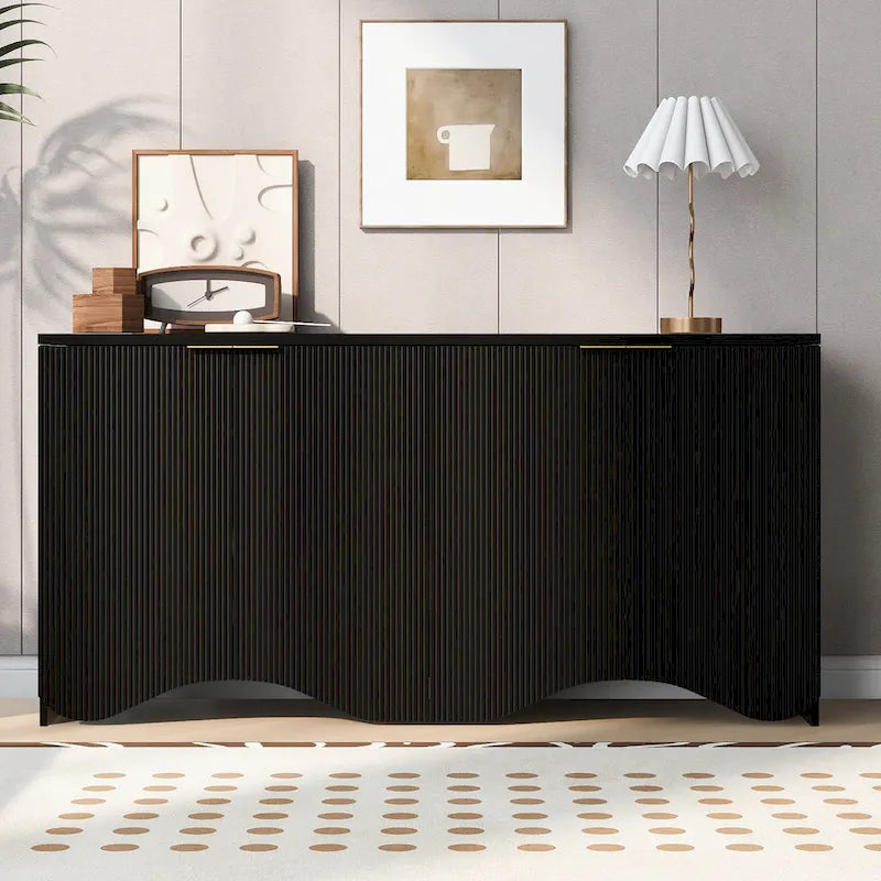 Buffet 4 portes – Rayures verticales et panneaux ondulés, bleu marine / blanc / noir, 1 place