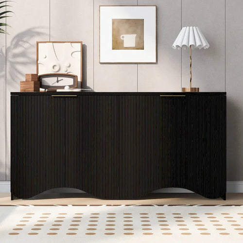 Buffet 4 portes – Rayures verticales et panneaux ondulés, bleu marine / blanc / noir, 1 place
