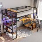 Lit mezzanine double en métal noir/blanc avec bureau, LED et rangement – 1 personne