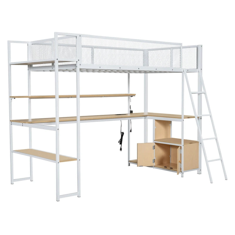 Lit mezzanine double en métal noir/blanc avec bureau, LED et rangement – 1 personne