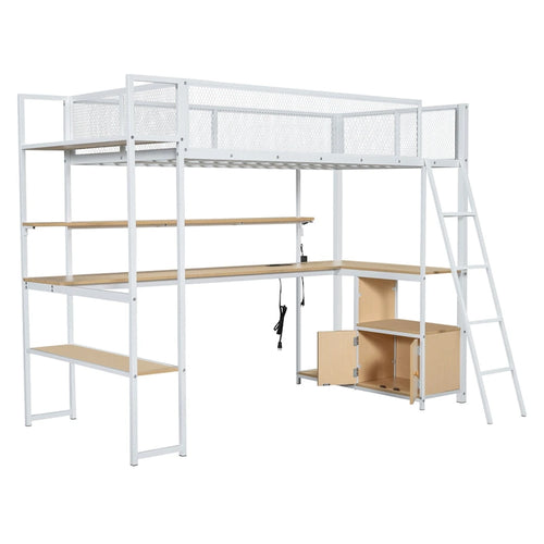 Lit mezzanine double en métal noir/blanc avec bureau, LED et rangement – 1 personne