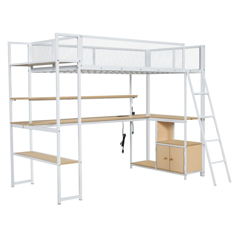 Lit mezzanine double en métal noir/blanc avec bureau, LED et rangement – 1 personne