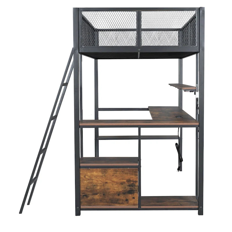 Lit mezzanine double en métal noir/blanc avec bureau, LED et rangement – 1 personne