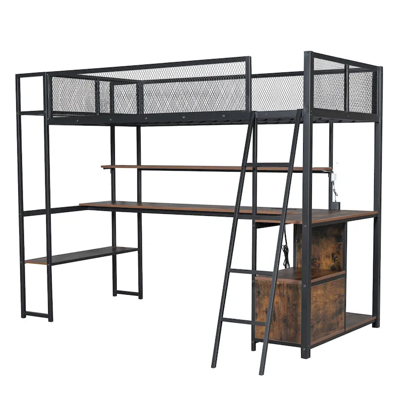 Lit mezzanine double en métal noir/blanc avec bureau, LED et rangement – 1 personne