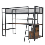 Lit mezzanine double en métal noir/blanc avec bureau, LED et rangement – 1 personne