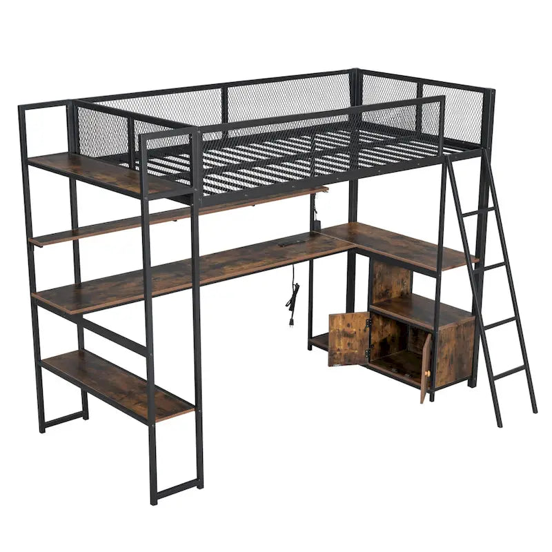 Lit mezzanine double en métal noir/blanc avec bureau, LED et rangement – 1 personne