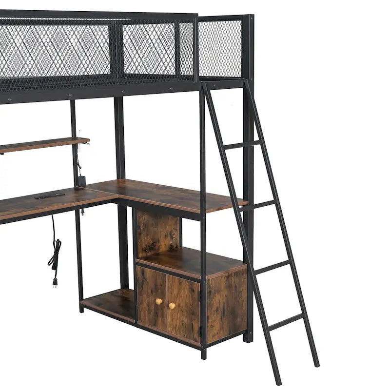 Lit mezzanine double en métal noir/blanc avec bureau, LED et rangement – 1 personne