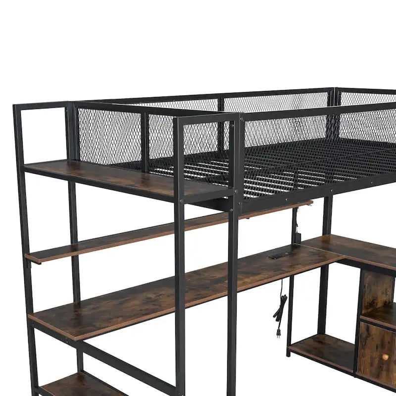 Lit mezzanine double en métal noir/blanc avec bureau, LED et rangement – 1 personne