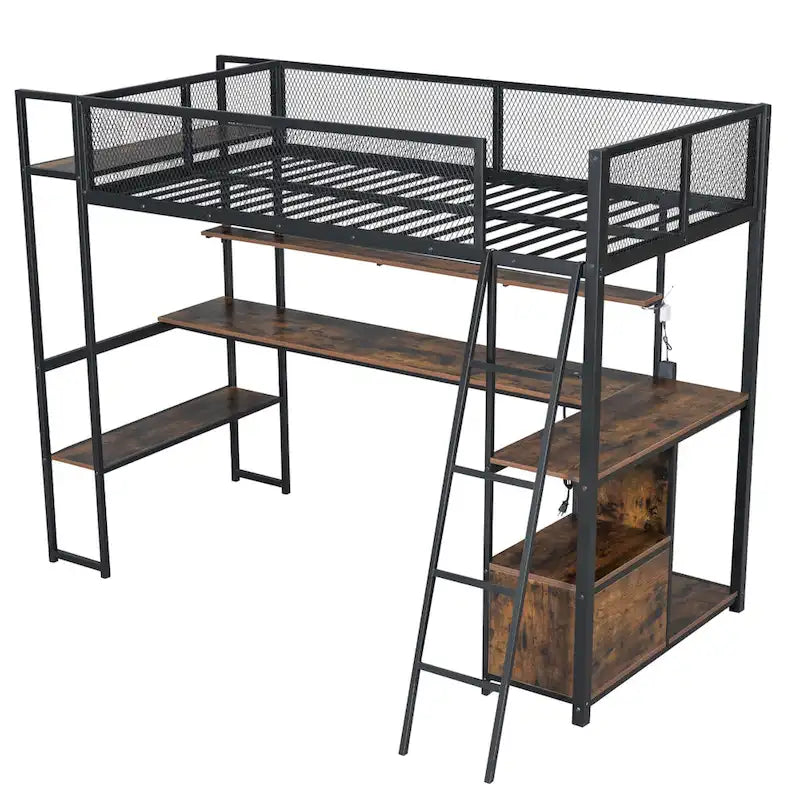 Lit mezzanine double en métal noir/blanc avec bureau, LED et rangement – 1 personne