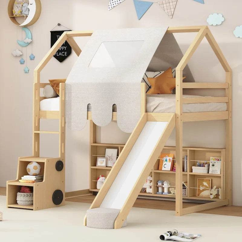 Lit mezzanine double avec cadre en forme de maison, toboggan et échelle, pour 1 enfant, coloris naturel/blanc