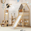 Lit mezzanine double avec cadre en forme de maison, toboggan et échelle, pour 1 enfant, coloris naturel/blanc