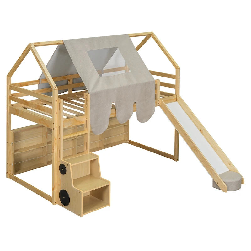 Lit mezzanine double avec cadre en forme de maison, toboggan et échelle, pour 1 enfant, coloris naturel/blanc