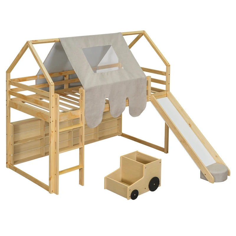 Lit mezzanine double avec cadre en forme de maison, toboggan et échelle, pour 1 enfant, coloris naturel/blanc