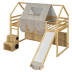 Lit mezzanine double avec cadre en forme de maison, toboggan et échelle, pour 1 enfant, coloris naturel/blanc