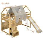 Lit mezzanine double avec cadre en forme de maison, toboggan et échelle, pour 1 enfant, coloris naturel/blanc