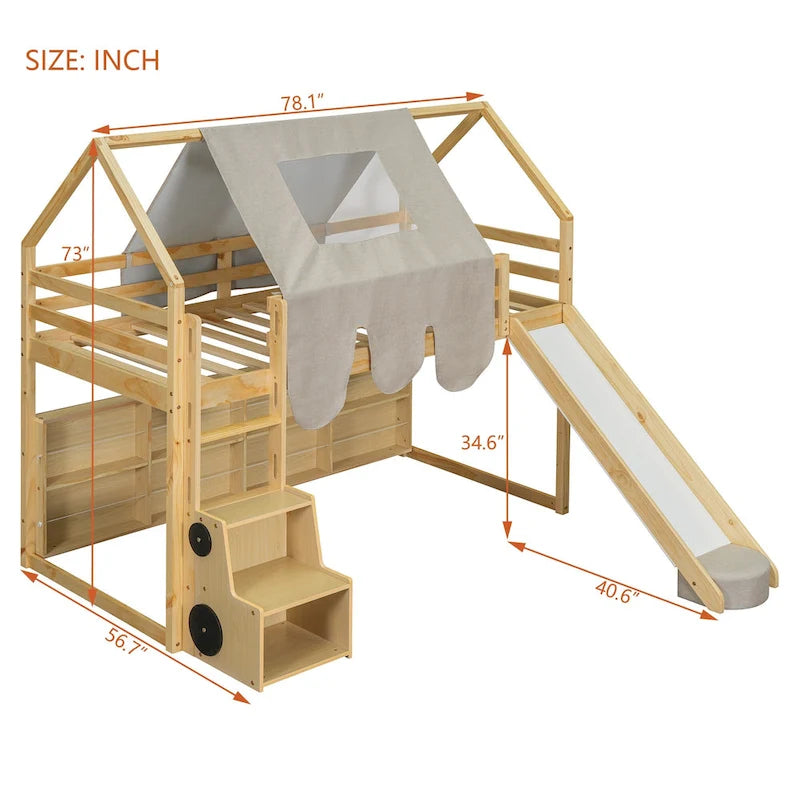 Lit mezzanine double avec cadre en forme de maison, toboggan et échelle, pour 1 enfant, coloris naturel/blanc