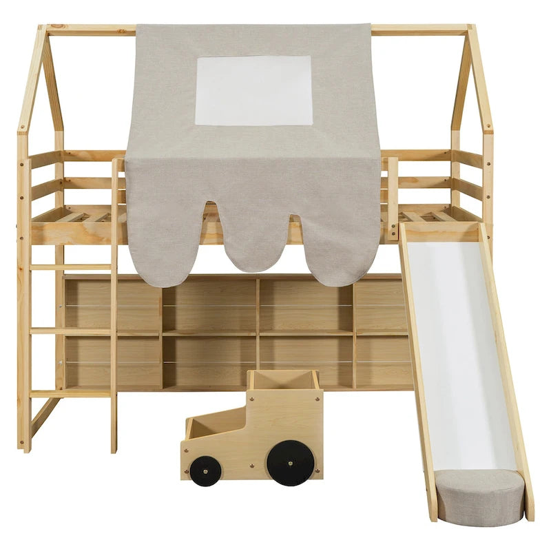 Lit mezzanine double avec cadre en forme de maison, toboggan et échelle, pour 1 enfant, coloris naturel/blanc
