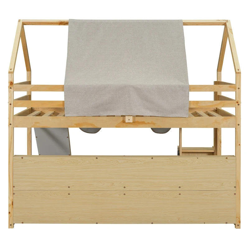 Lit mezzanine double avec cadre en forme de maison, toboggan et échelle, pour 1 enfant, coloris naturel/blanc