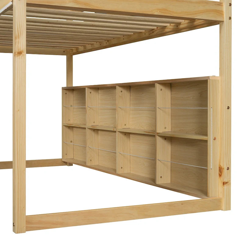 Lit mezzanine double avec cadre en forme de maison, toboggan et échelle, pour 1 enfant, coloris naturel/blanc