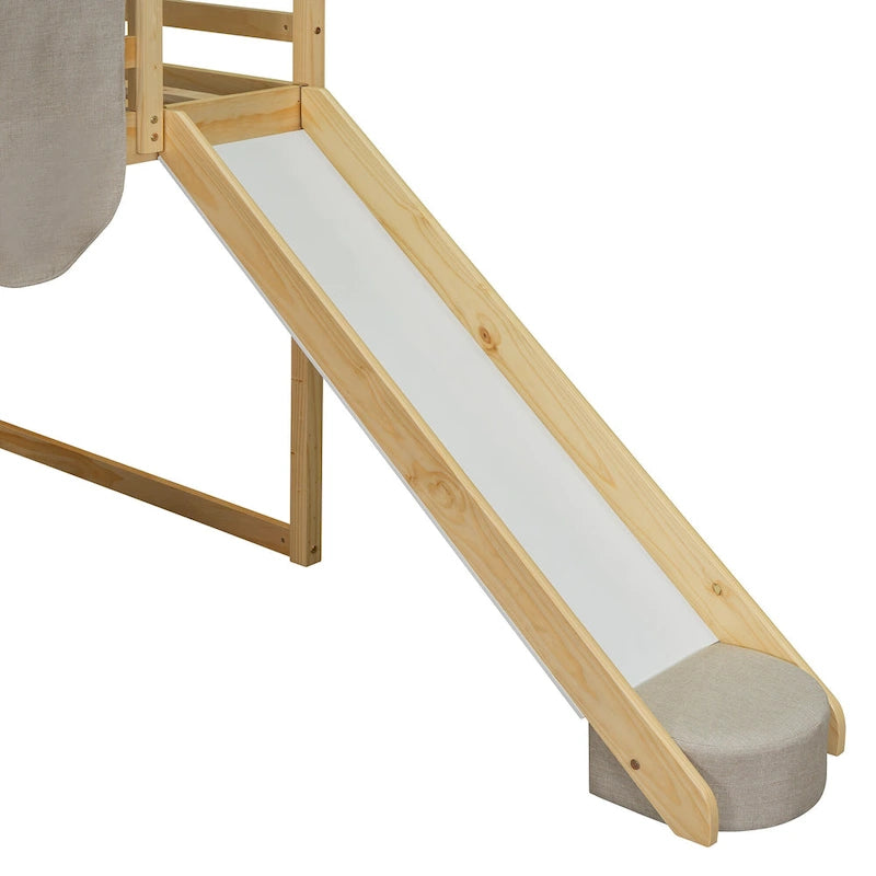 Lit mezzanine double avec cadre en forme de maison, toboggan et échelle, pour 1 enfant, coloris naturel/blanc