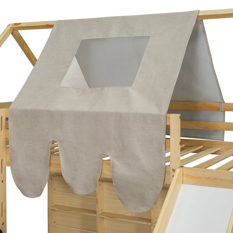 Lit mezzanine double avec cadre en forme de maison, toboggan et échelle, pour 1 enfant, coloris naturel/blanc