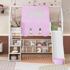 Lit mezzanine double avec cadre en forme de maison, toboggan et échelle, pour 1 enfant, coloris naturel/blanc