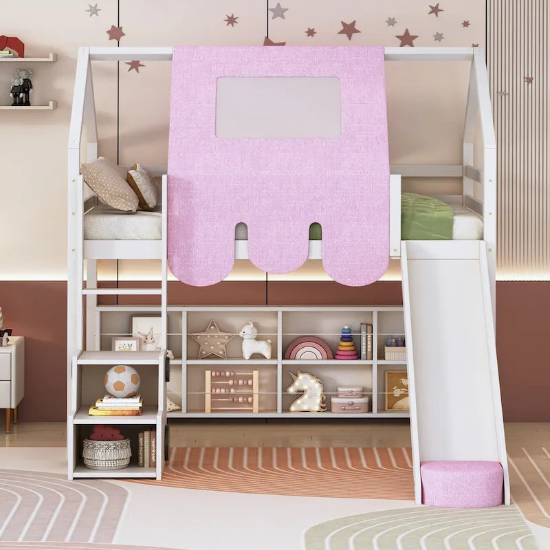Lit mezzanine double avec cadre en forme de maison, toboggan et échelle, pour 1 enfant, coloris naturel/blanc