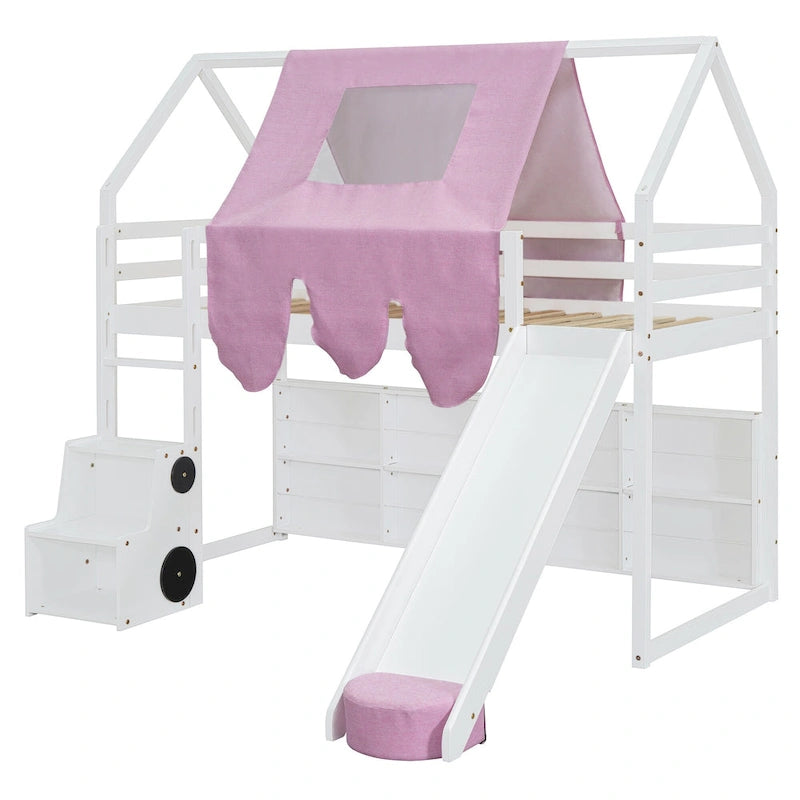 Lit mezzanine double avec cadre en forme de maison, toboggan et échelle, pour 1 enfant, coloris naturel/blanc