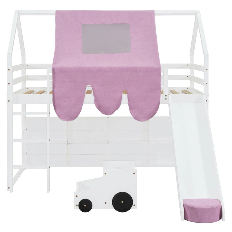 Lit mezzanine double avec cadre en forme de maison, toboggan et échelle, pour 1 enfant, coloris naturel/blanc