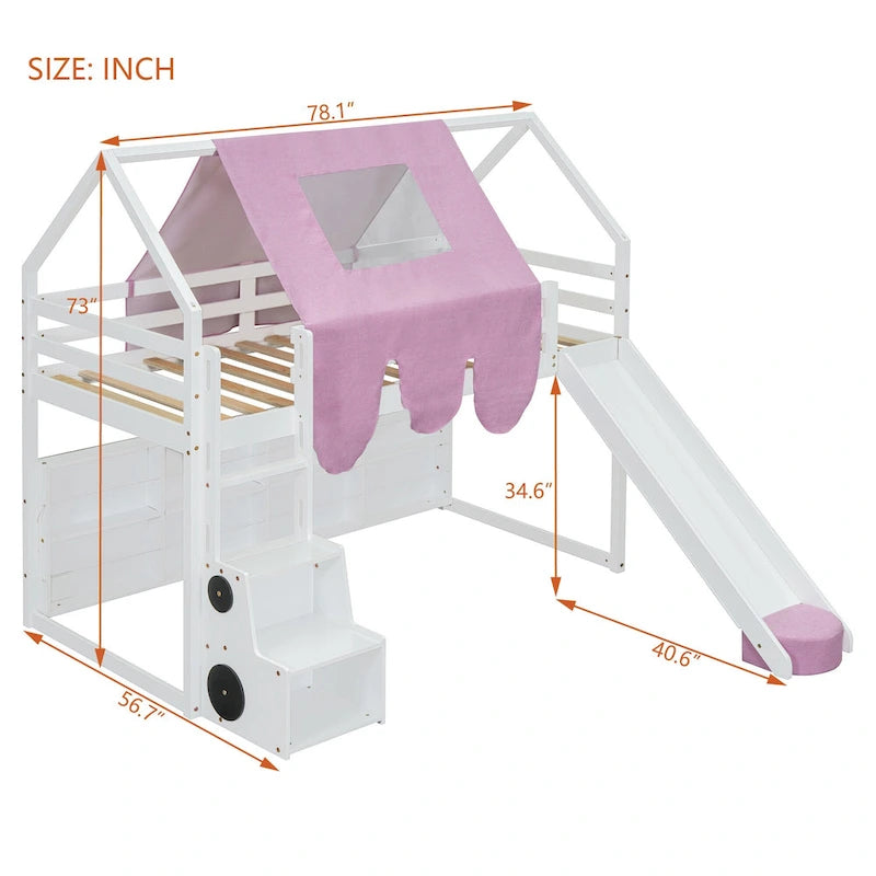 Lit mezzanine double avec cadre en forme de maison, toboggan et échelle, pour 1 enfant, coloris naturel/blanc