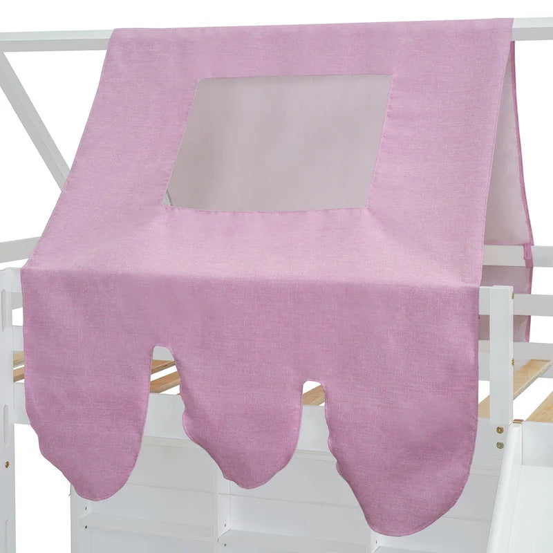 Lit mezzanine double avec cadre en forme de maison, toboggan et échelle, pour 1 enfant, coloris naturel/blanc
