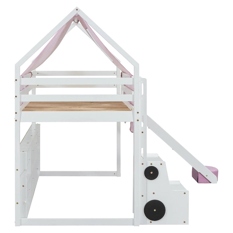 Lit mezzanine double avec cadre en forme de maison, toboggan et échelle, pour 1 enfant, coloris naturel/blanc