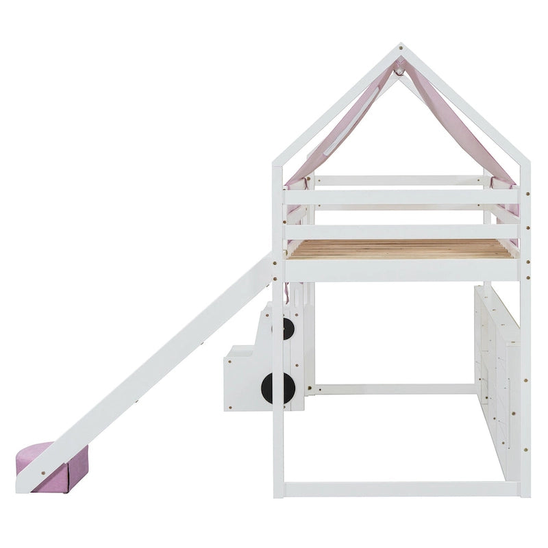 Lit mezzanine double avec cadre en forme de maison, toboggan et échelle, pour 1 enfant, coloris naturel/blanc