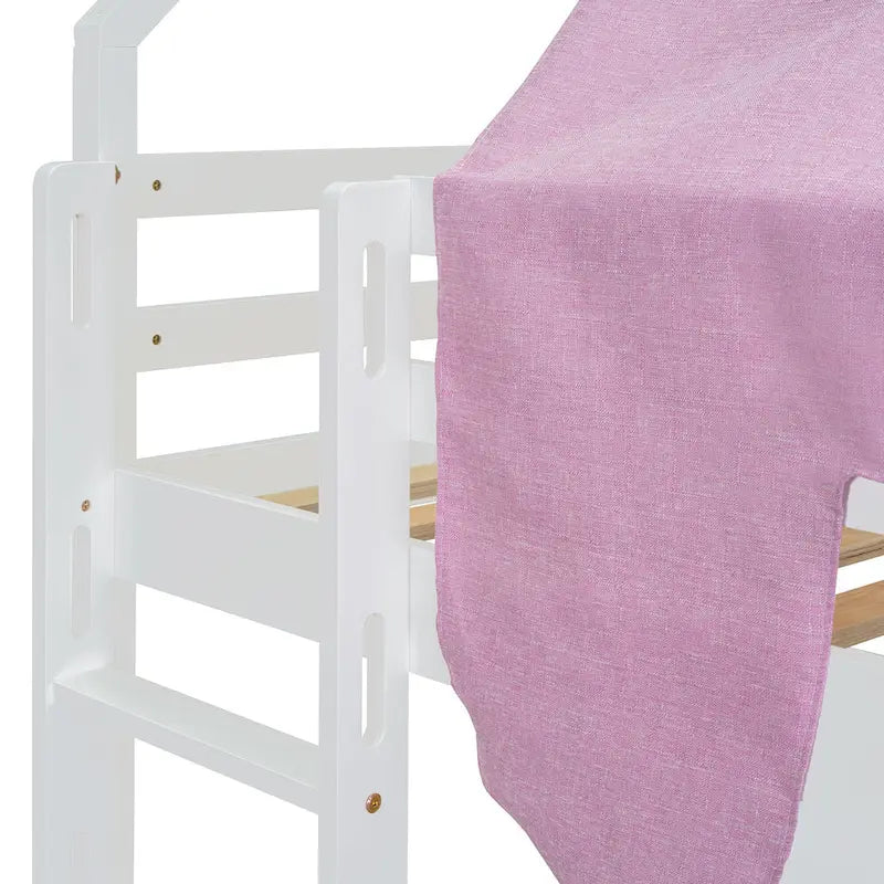 Lit mezzanine double avec cadre en forme de maison, toboggan et échelle, pour 1 enfant, coloris naturel/blanc