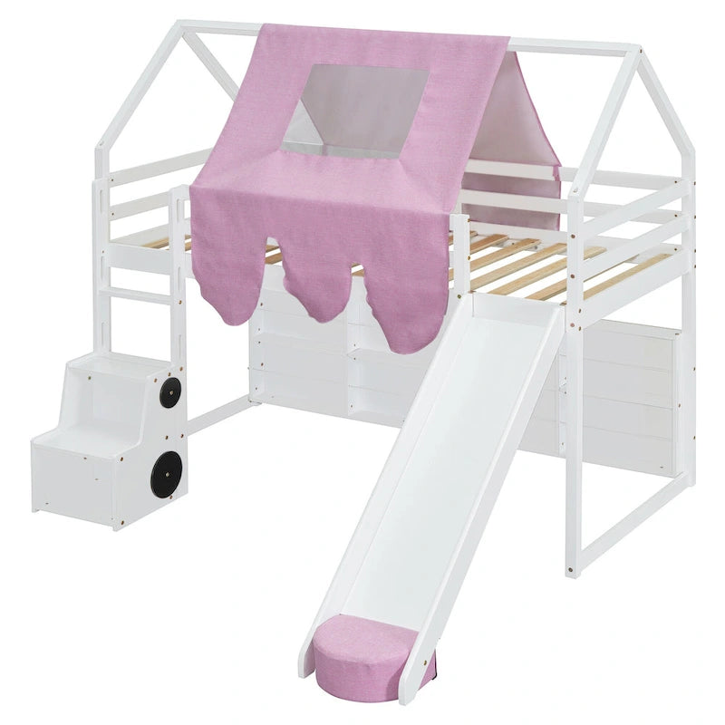 Lit mezzanine double avec cadre en forme de maison, toboggan et échelle, pour 1 enfant, coloris naturel/blanc