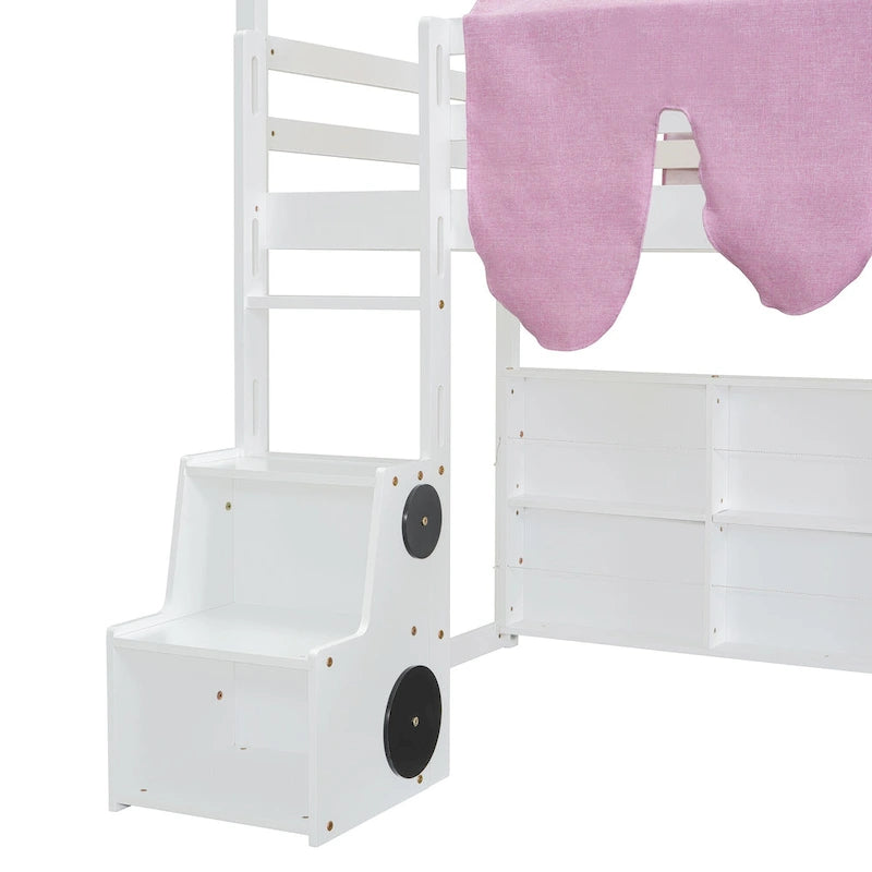 Lit mezzanine double avec cadre en forme de maison, toboggan et échelle, pour 1 enfant, coloris naturel/blanc