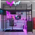 Lit mezzanine noir pleine grandeur avec éclairage LED et bureau, simple