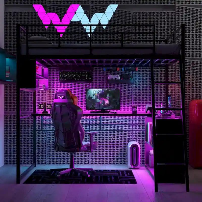 Lit mezzanine noir pleine grandeur avec éclairage LED et bureau, simple