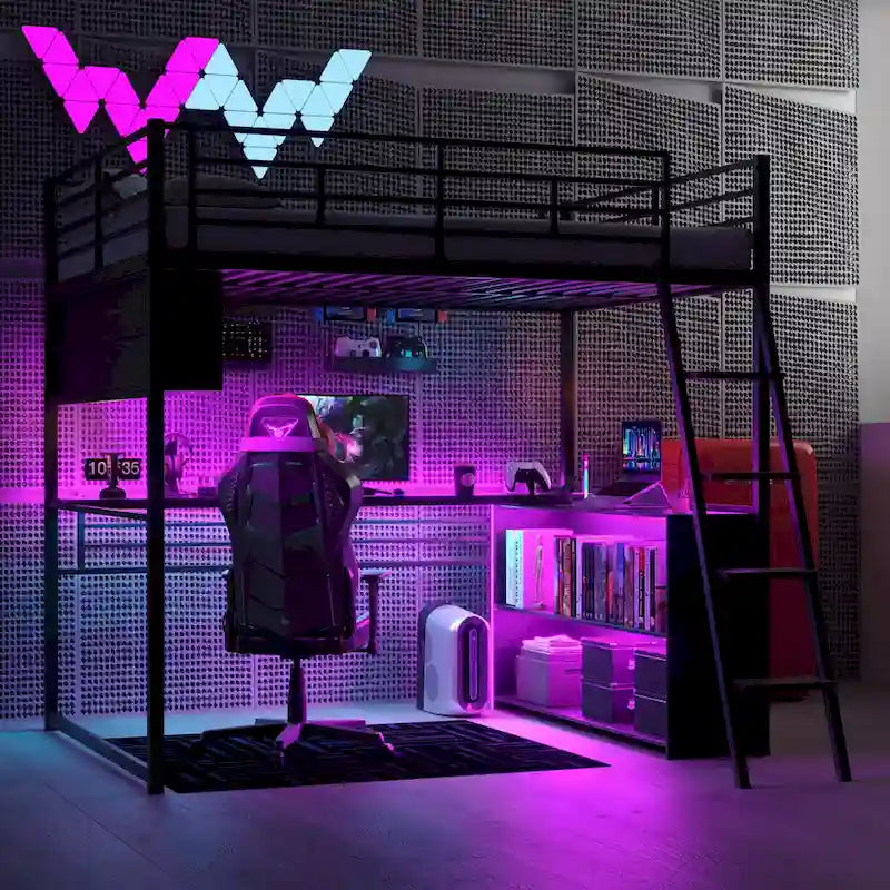 Lit mezzanine noir pleine grandeur avec éclairage LED et bureau, simple