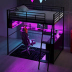 Lit mezzanine noir pleine grandeur avec éclairage LED et bureau, simple