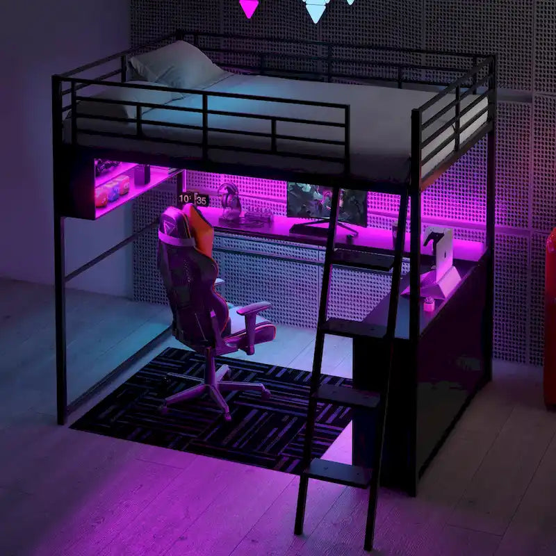 Lit mezzanine noir pleine grandeur avec éclairage LED et bureau, simple