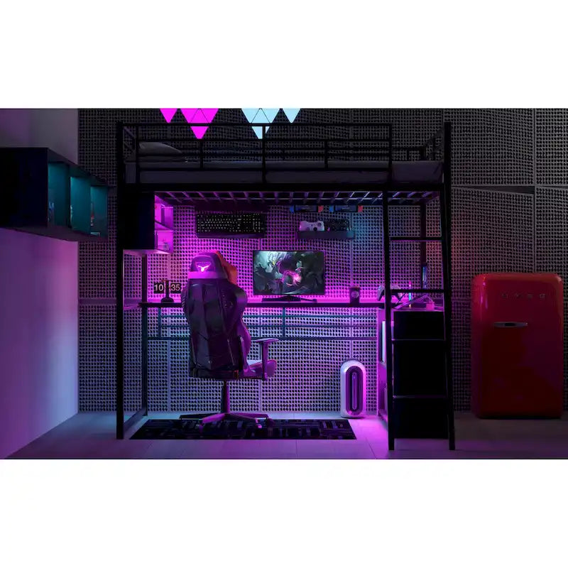 Lit mezzanine noir pleine grandeur avec éclairage LED et bureau, simple